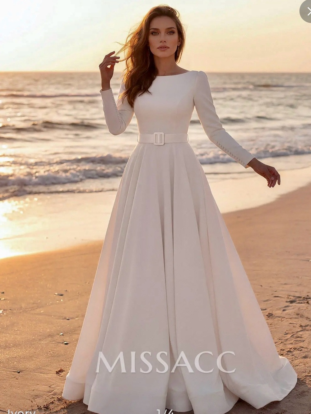 Ivory Long-Sleeve Belted A-Line Wedding Dress